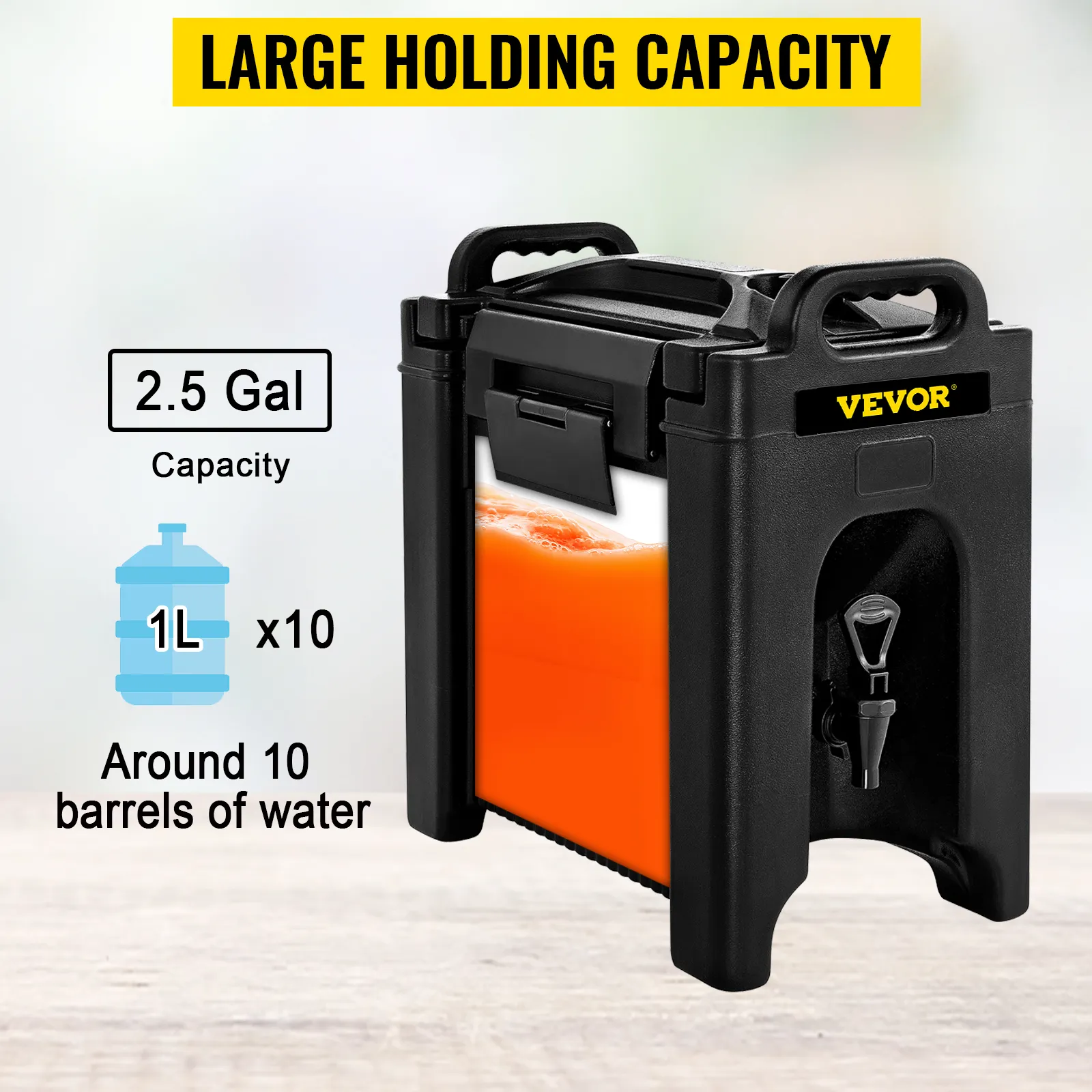 El dispensador de bebidas aislado VEVOR con capacidad de 2,5 galones tiene capacidad para alrededor de 10 litros, perfecto para eventos.