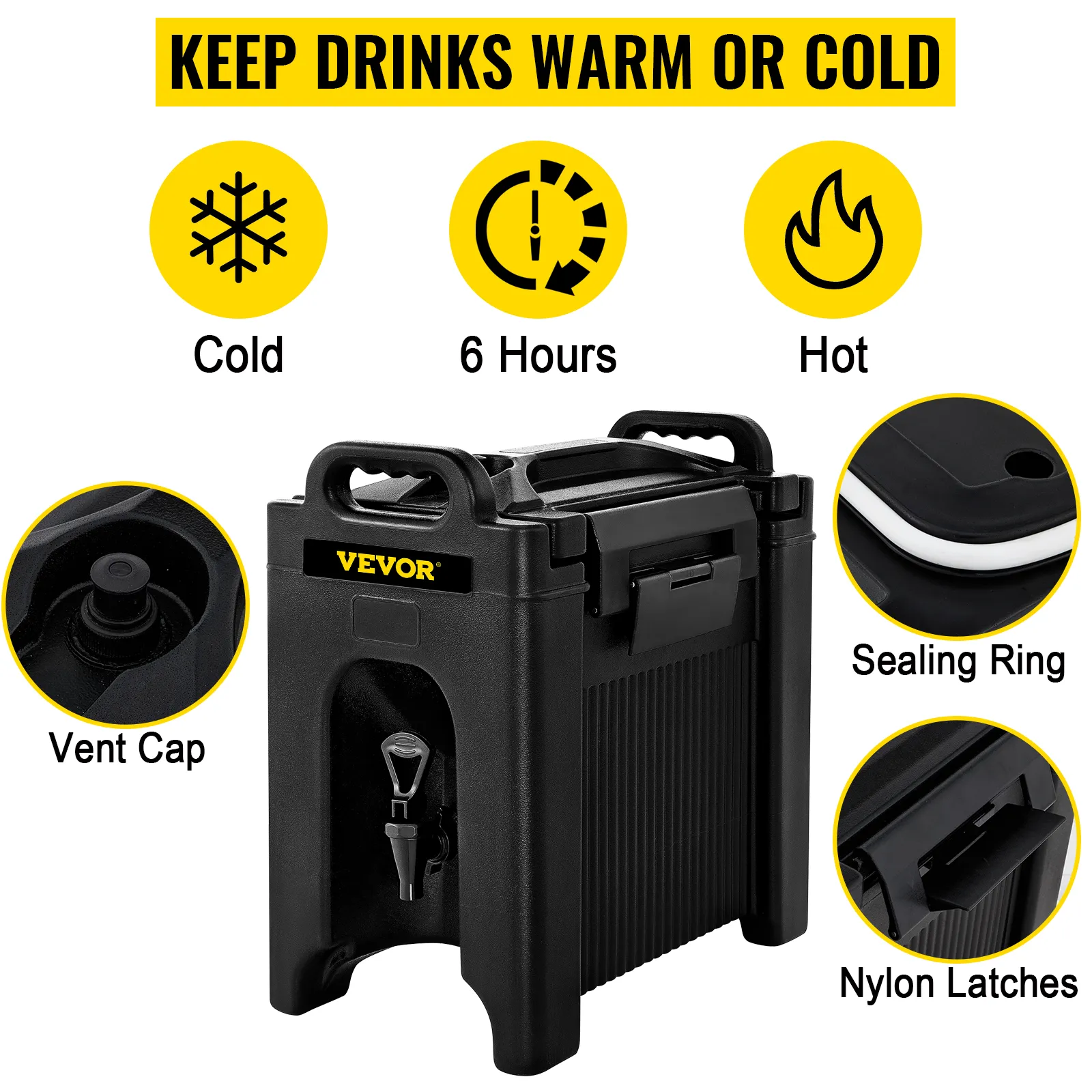 El dispensador de bebidas aislado VEVOR mantiene las bebidas calientes o frías durante 6 horas con tapa de ventilación, anillo de sellado y pestillos de nailon.