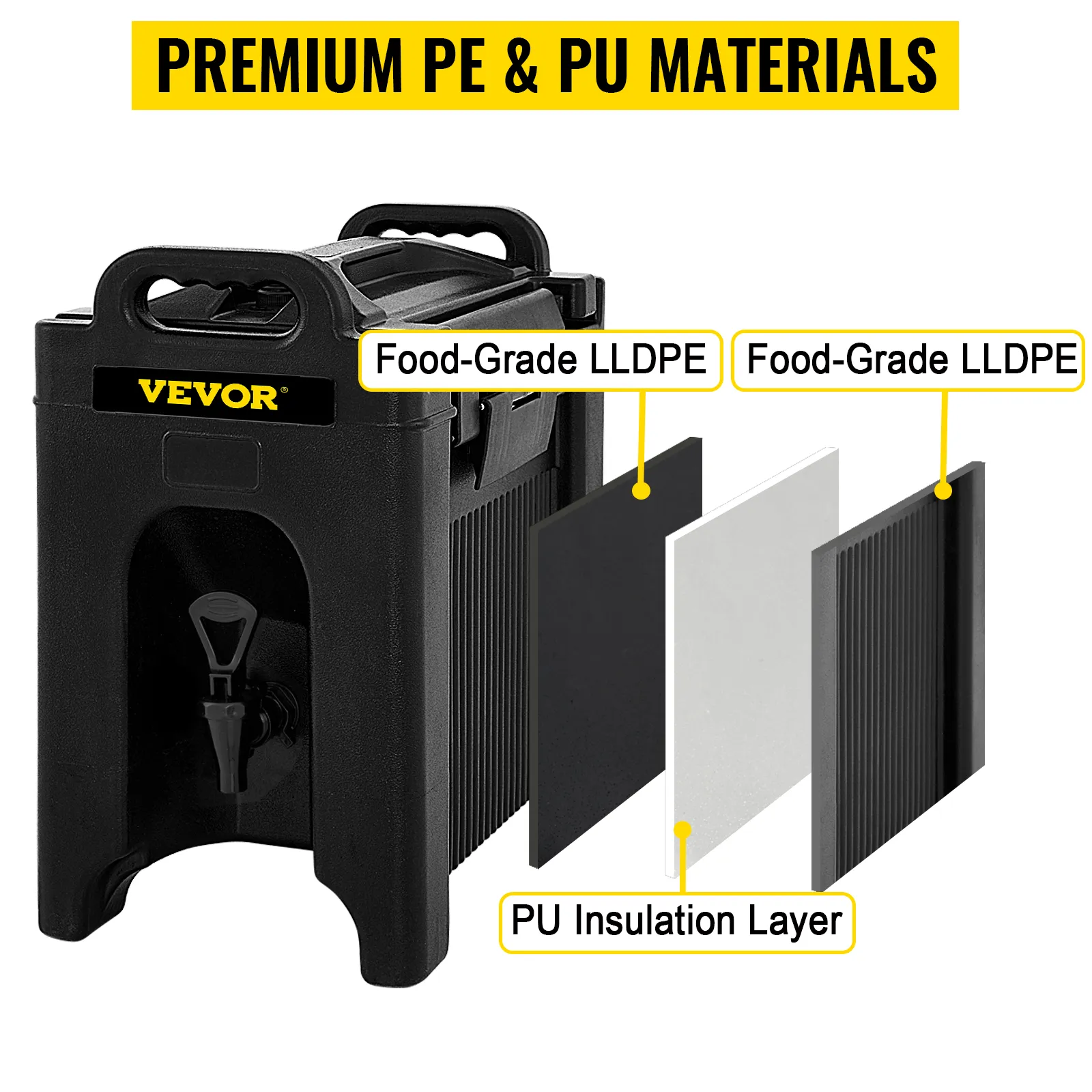 Dispensador de bebidas aislado VEVOR con capas de aislamiento de LLDPE y PU de grado alimenticio para una calidad superior.