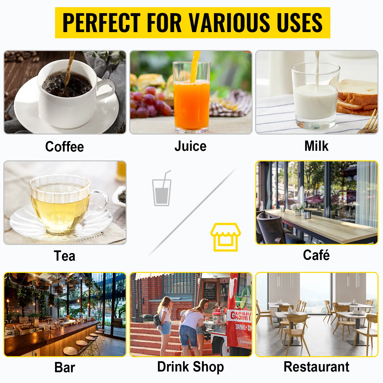 Perfecto para diversos usos, el dispensador de bebidas aislado VEVOR es ideal para café, jugo, leche, té, cafeterías, bares, tiendas de bebidas y restaurantes.
