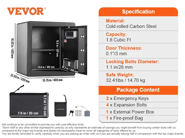 Especificaciones y contenido de la caja fuerte para el hogar VEVOR, incluidos tamaño, material, capacidad y accesorios incluidos.