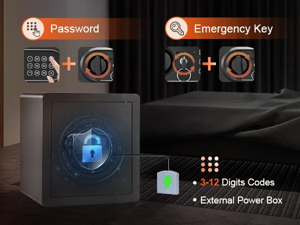 Caja fuerte para el hogar VEVOR con teclado digital, llave de emergencia, caja de alimentación externa y código de 3 a 12 dígitos.