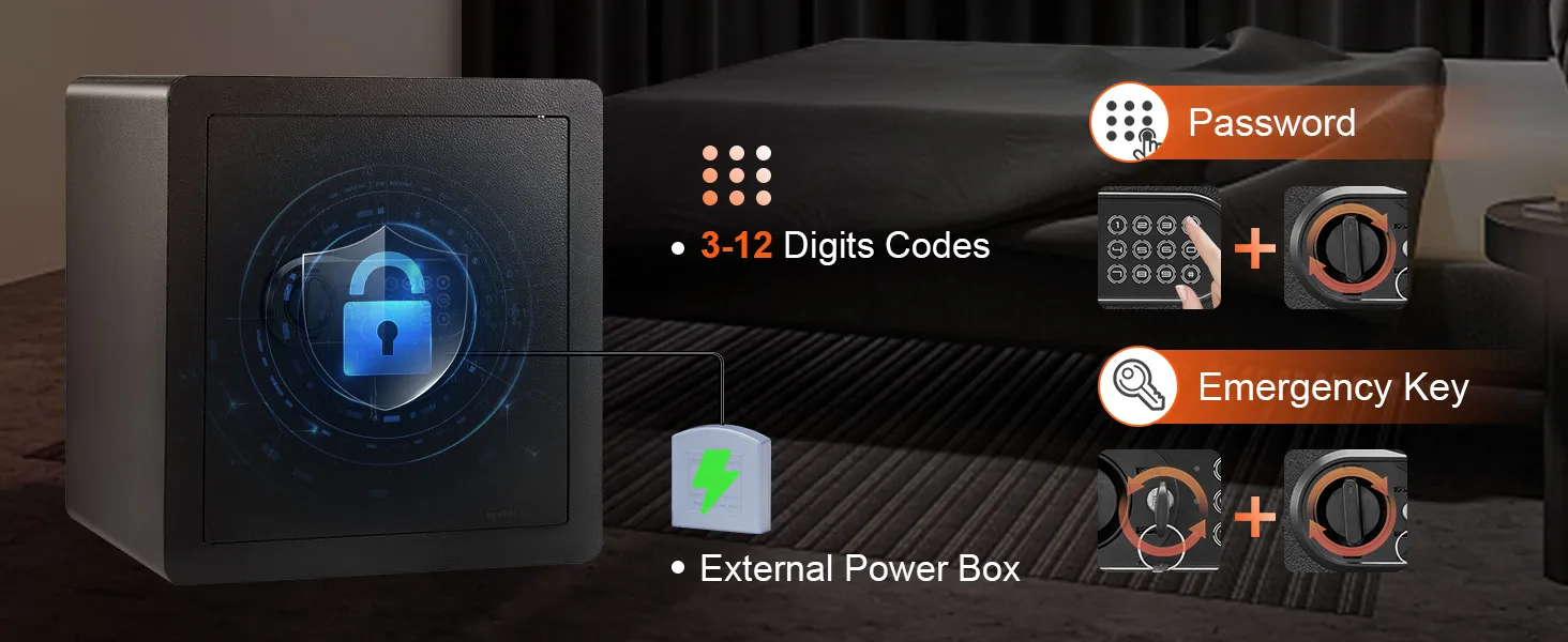 Caja fuerte para el hogar VEVOR con teclado digital, llave de emergencia, caja de alimentación externa y código de 3 a 12 dígitos.