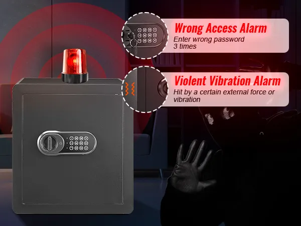Caja fuerte para el hogar VEVOR con alarmas de acceso incorrecto y vibración violenta, que muestra características de seguridad.