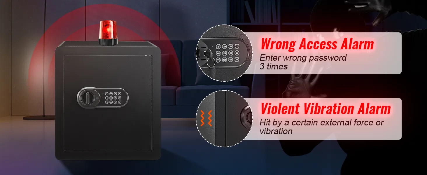 Caja fuerte para el hogar VEVOR con alarmas de acceso incorrecto y vibración violenta, que muestra características de seguridad.