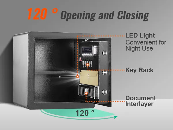 Caja fuerte para el hogar VEVOR con luz LED, estante para llaves y bandeja para documentos, apertura y cierre de 120°.