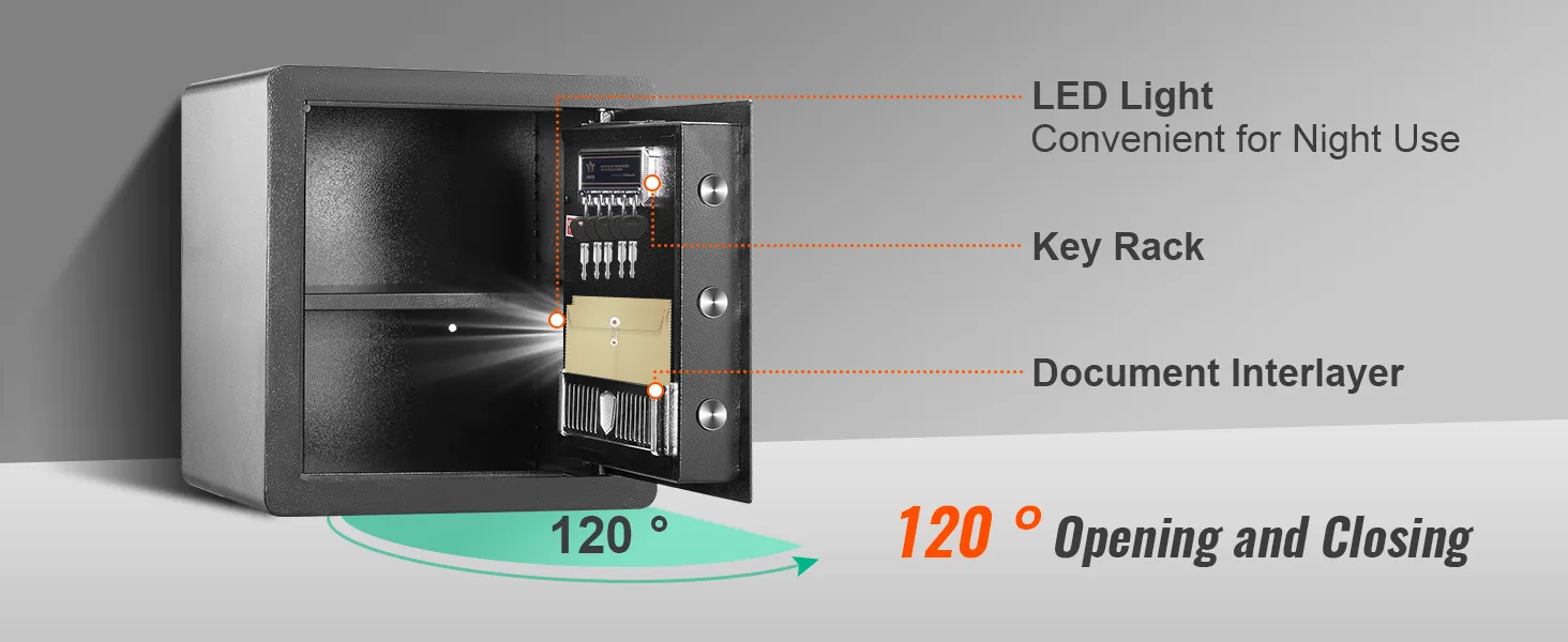 Caja fuerte para el hogar VEVOR con luz LED, estante para llaves y bandeja para documentos, apertura y cierre de 120°.