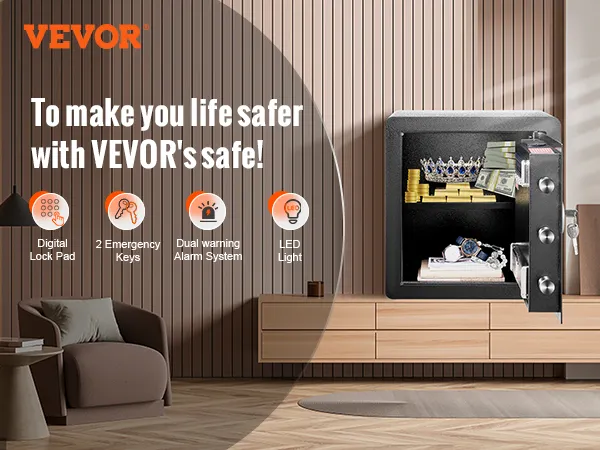 Caja fuerte para el hogar VEVOR con teclado de cerradura digital, llaves de emergencia, alarma de advertencia dual y luz LED.
