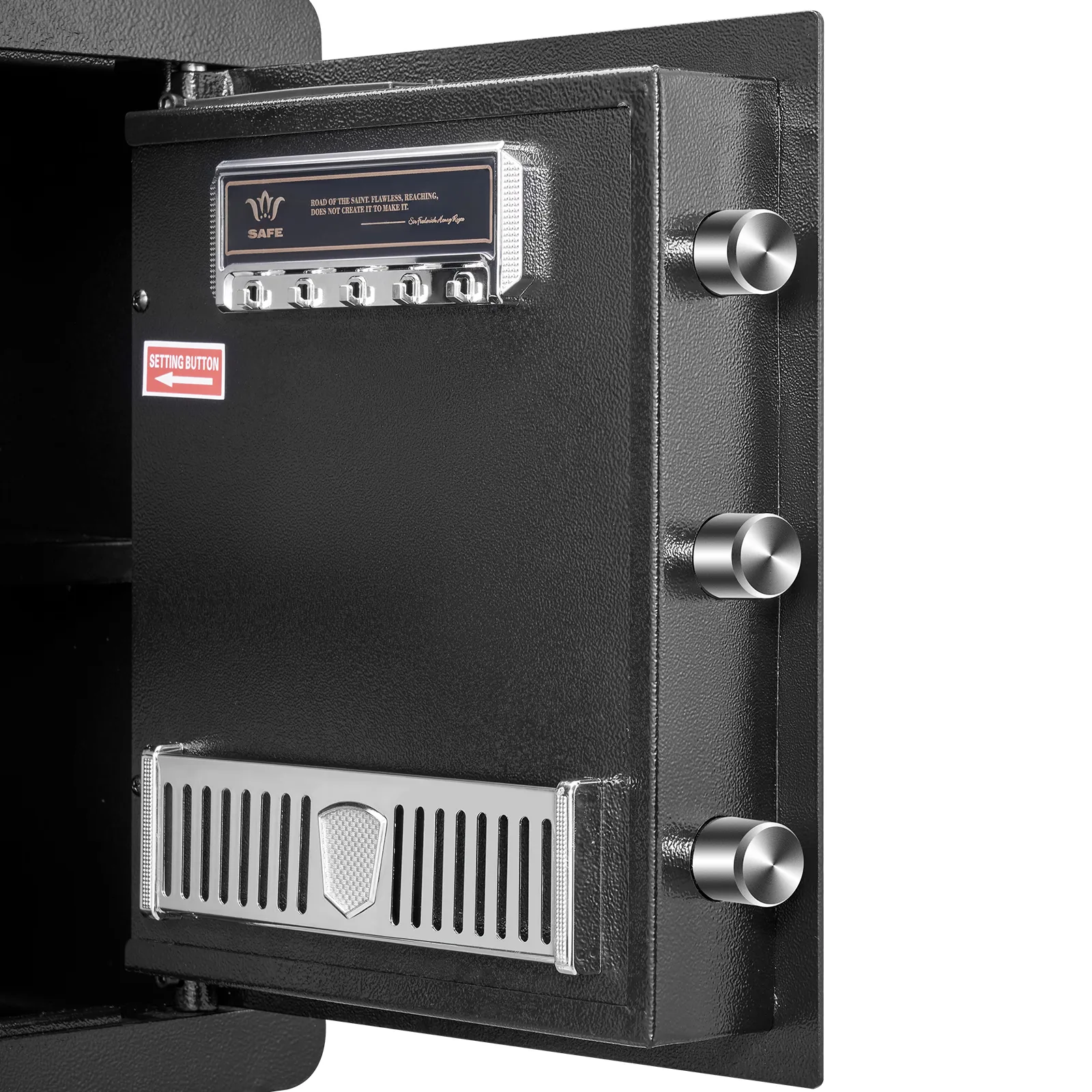 Caja fuerte para el hogar VEVOR con tres cerrojos de seguridad, cerradura de combinación y botón de configuración en la puerta interior.