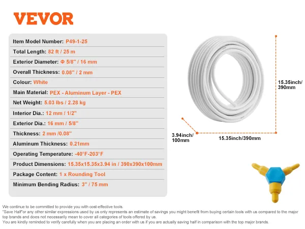 VEVOR pex-al-pex tubing, 82ft, white, 16mm exterior diameter, 5.03 lbs, includes 1 rounding tool.