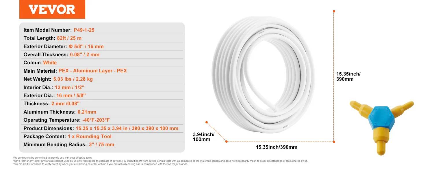 VEVOR pex-al-pex tubing, 82ft, white, 16mm exterior diameter, 5.03 lbs, includes 1 rounding tool.