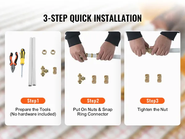 3-step installation of VEVOR pex-al-pex tubing: tools, nuts & snap ring, tighten nut.