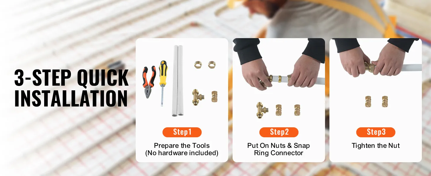 3-step installation of VEVOR pex-al-pex tubing: tools, nuts & snap ring, tighten nut.