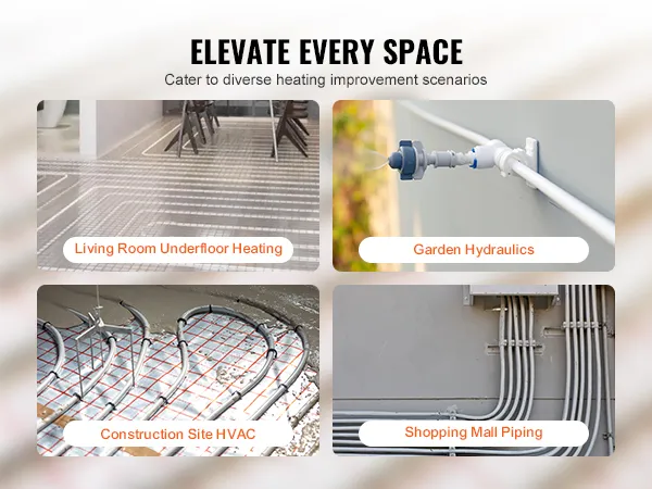 four heating scenarios using VEVOR pex-al-pex tubing: underfloor heating, garden hydraulics, hvac, and mall piping.
