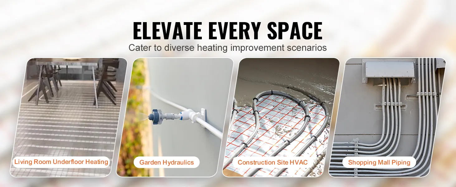 four heating scenarios using VEVOR pex-al-pex tubing: underfloor heating, garden hydraulics, hvac, and mall piping.
