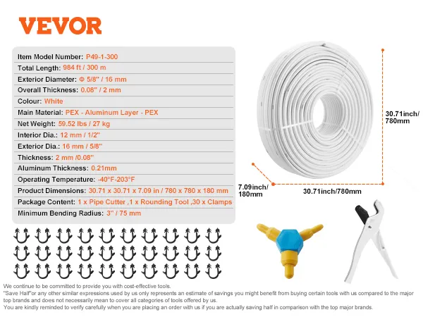 VEVOR pex-al-pex tube, 984ft, white, with pipe cutter, rounding tool, and 30 clamps included.