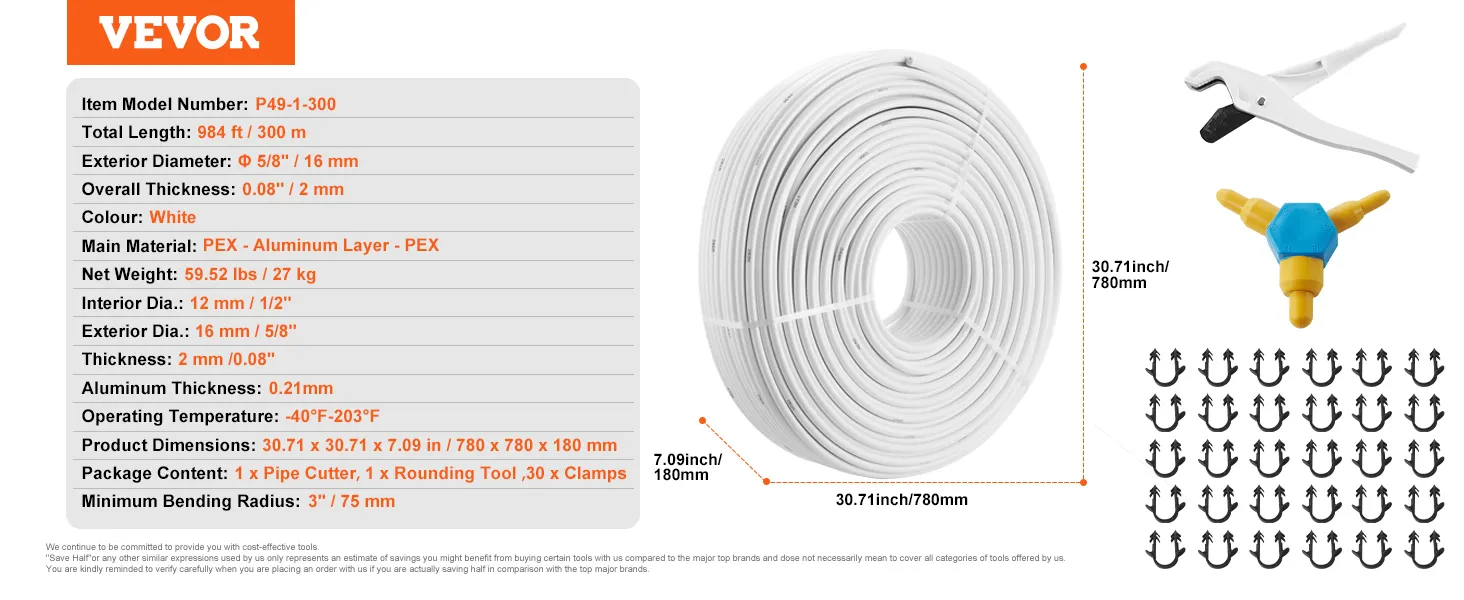 VEVOR pex-al-pex tube, 984ft, white, with pipe cutter, rounding tool, and 30 clamps included.