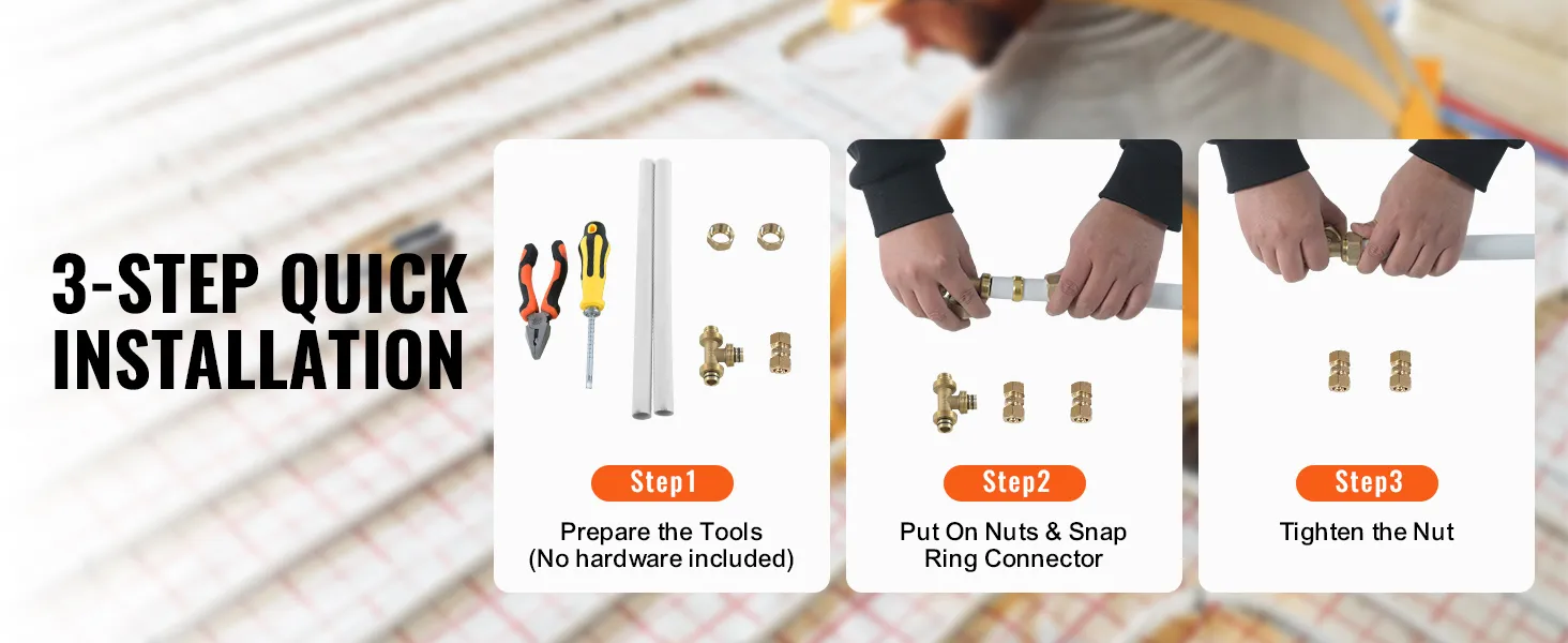 3-step quick installation guide for VEVOR pex-al-pex tube with tools, nuts, and snap ring connector.