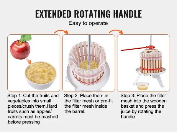 extended handle for VEVOR fruit wine press operation: cut, place in filter, and press for juice.