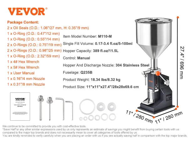 Máquina llenadora de líquidos VEVOR m110-m, control manual, tolva de 389 fl.oz, acero inoxidable 304, accesorios.