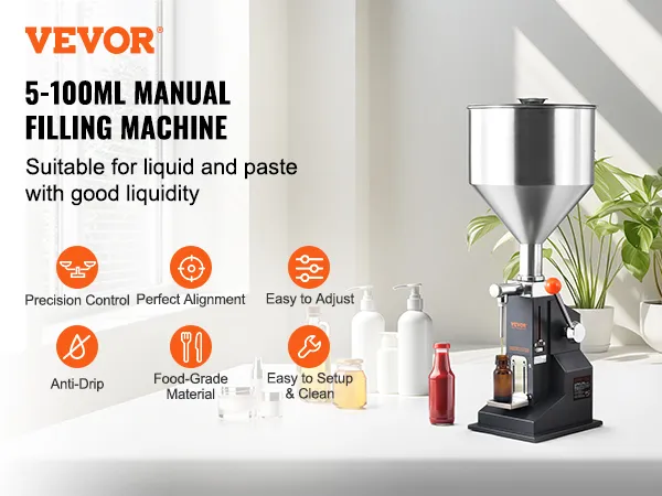 Máquina llenadora de líquidos VEVOR de 5 a 100 ml, adecuada para líquidos y pastas, colocada sobre un mostrador limpio.