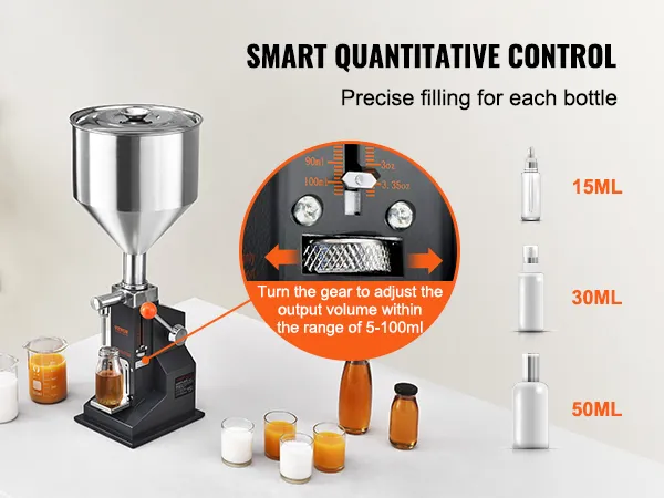 Máquina llenadora de líquidos VEVOR para un control preciso de 5 a 100 ml, con opciones de botellas de 15 ml, 30 ml y 50 ml.