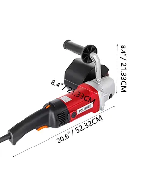 Pulidora de acero inoxidable VEVOR, mango negro, cuerpo rojo, y dimensiones del producto en cm.