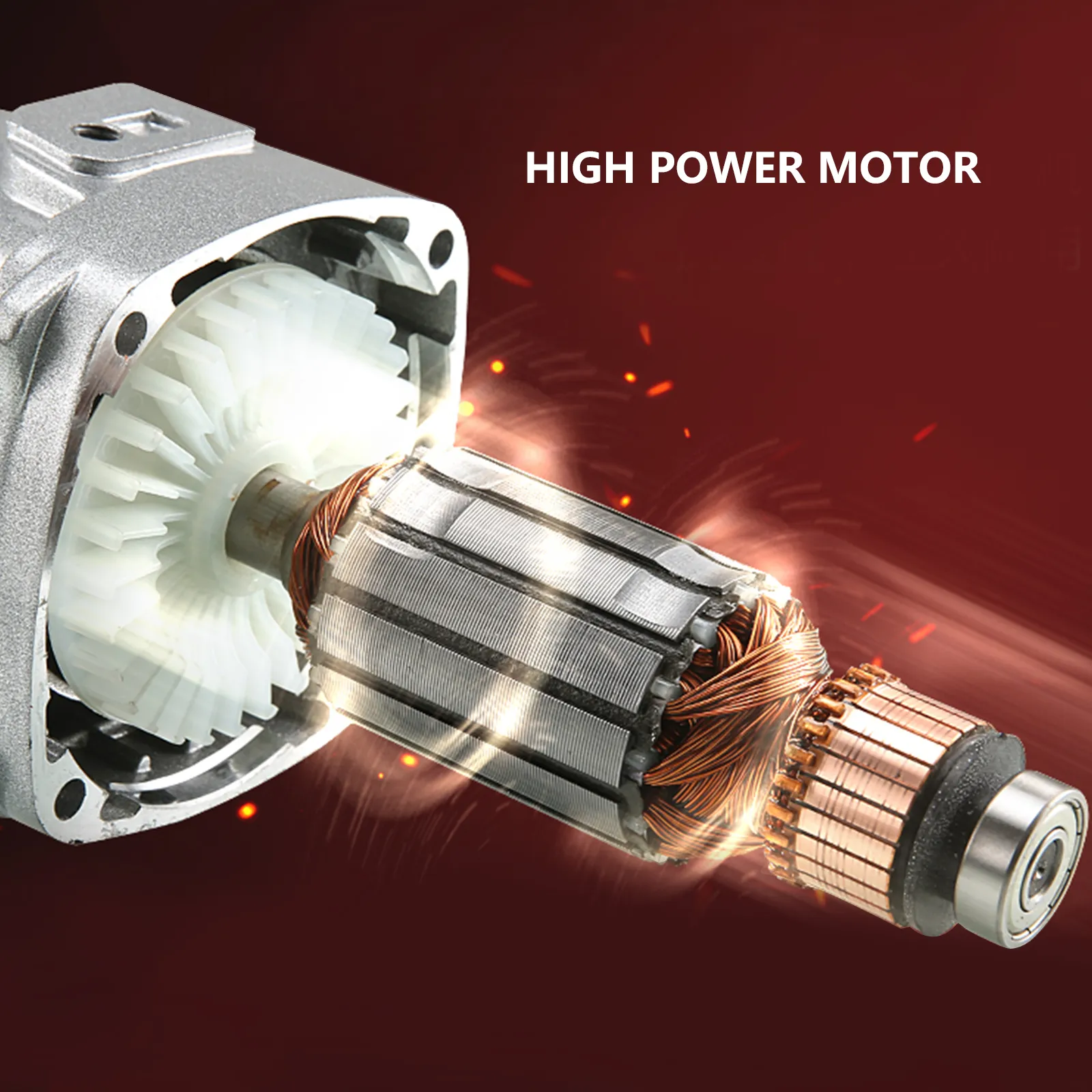 Motor de alta potencia en pulidora de acero inoxidable VEVOR que muestra componentes y bobinas intrincados.