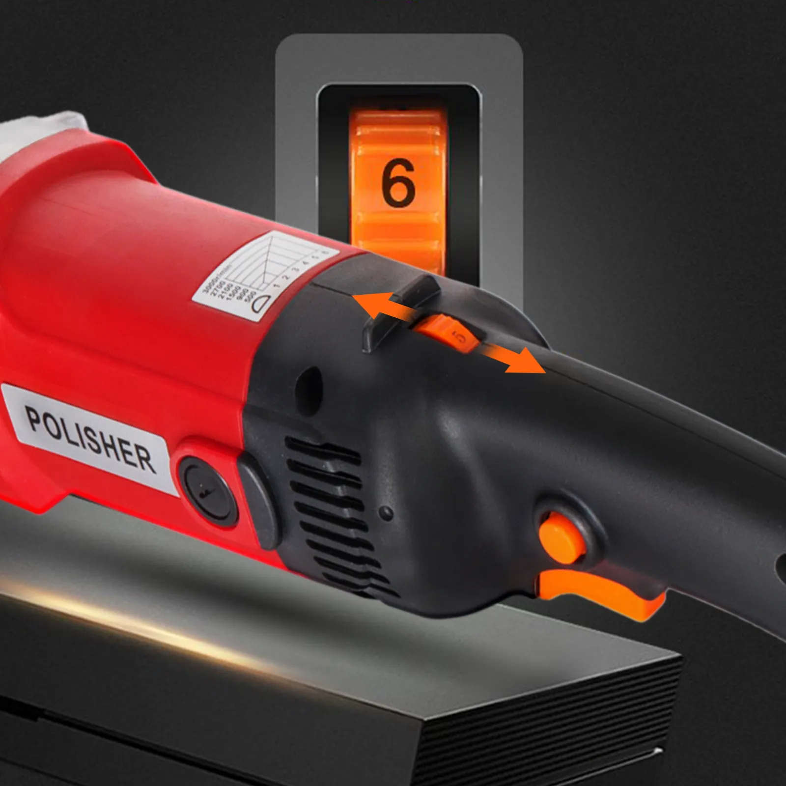 Primer plano de una pulidora de acero inoxidable VEVOR roja y negra con dial de velocidad naranja.