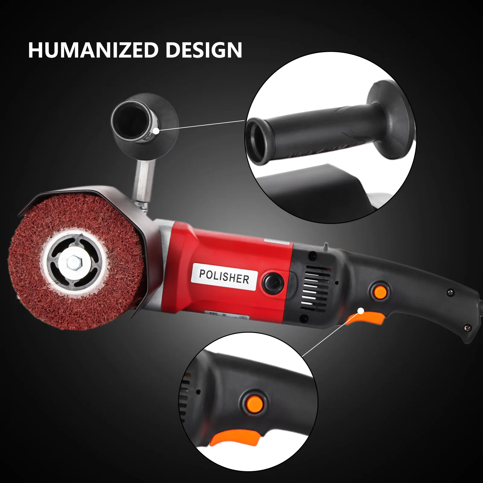 Pulidora de acero inoxidable VEVOR con mango ergonómico e interruptor de seguridad, etiquetada como "pulidora".