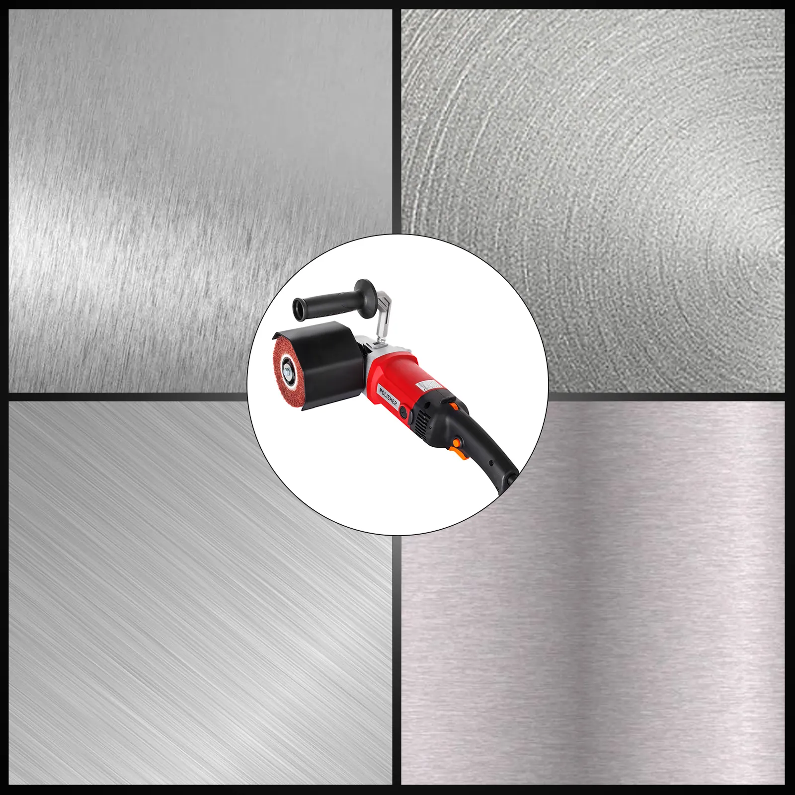 Pulidora de acero inoxidable VEVOR con varias texturas de metal pulido en el fondo.