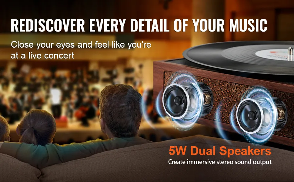 VEVOR vinyl record player with 5w dual speakers for an immersive live concert experience.