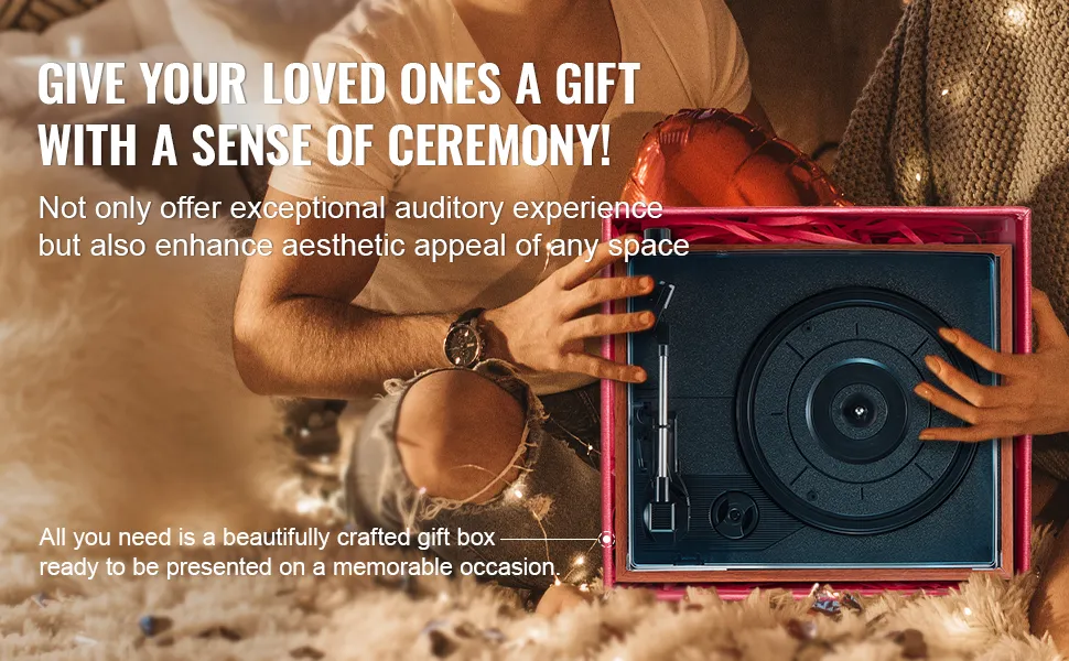 man holding VEVOR vinyl record player gift box with heart-shaped balloon, cozy atmosphere background.