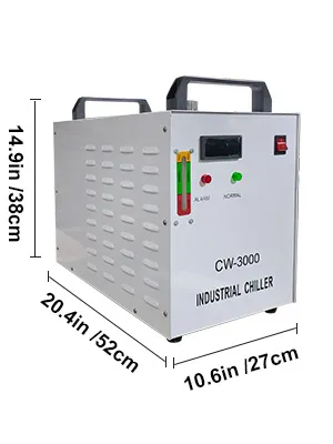 Dimensiones del enfriador de agua VEVOR cw-3000: 14,9 x 20,4 x 10,6 pulgadas.