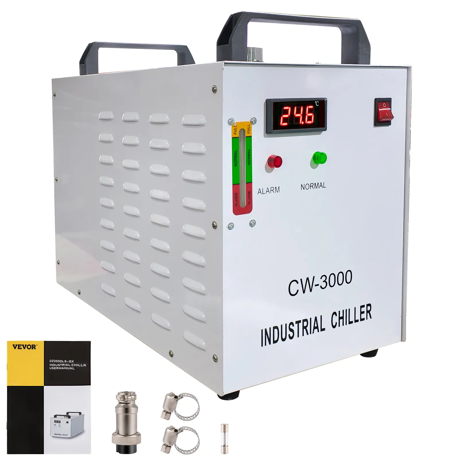 Enfriador de agua VEVOR cw-3000 que muestra el panel de control y los accesorios.