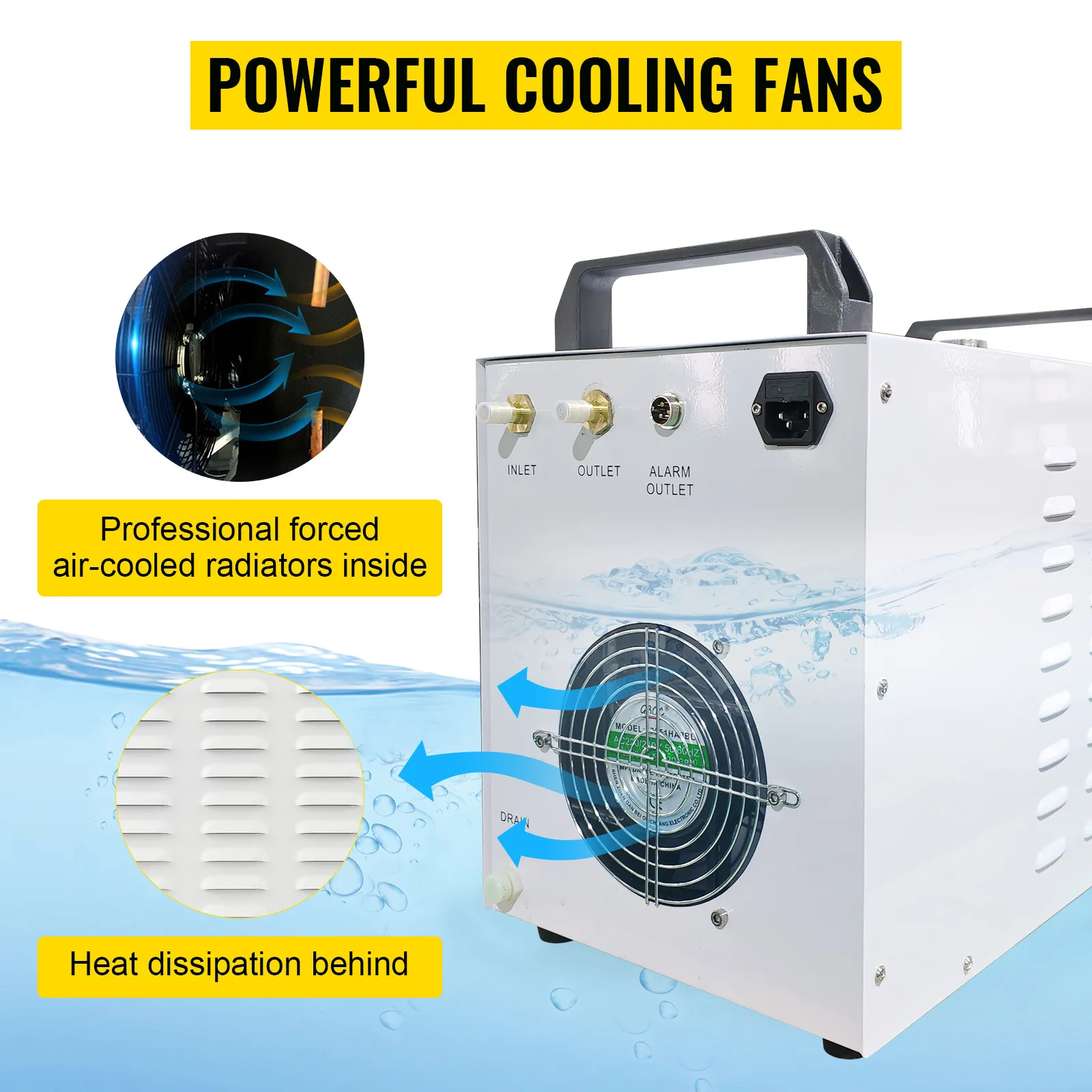 Enfriador de agua VEVOR con potentes ventiladores de refrigeración y radiadores refrigerados por aire.