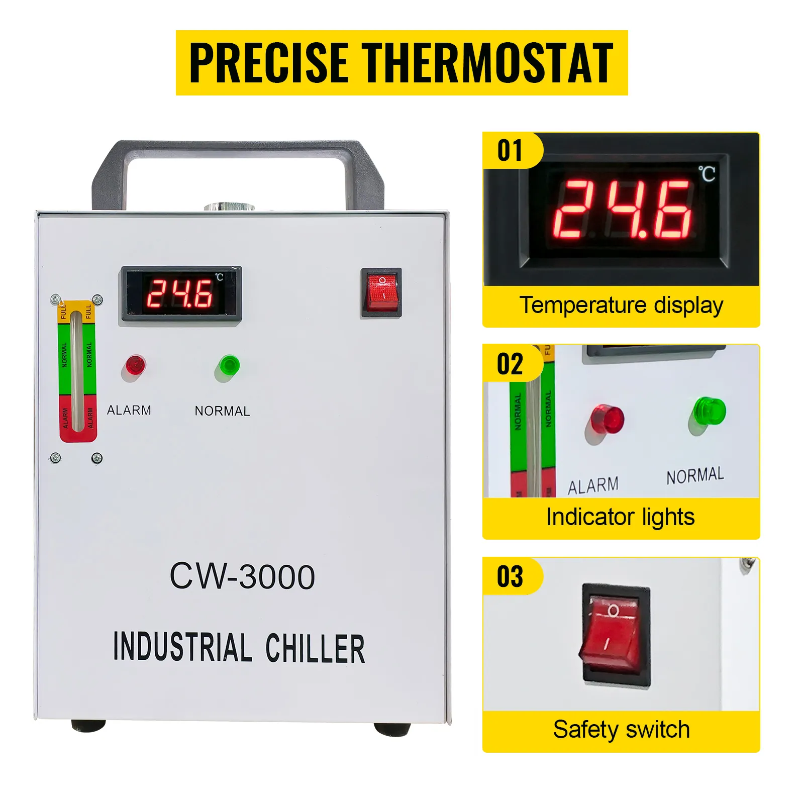 Enfriador de agua VEVOR cw-3000 con termostato preciso, pantalla de temperatura e interruptor de seguridad