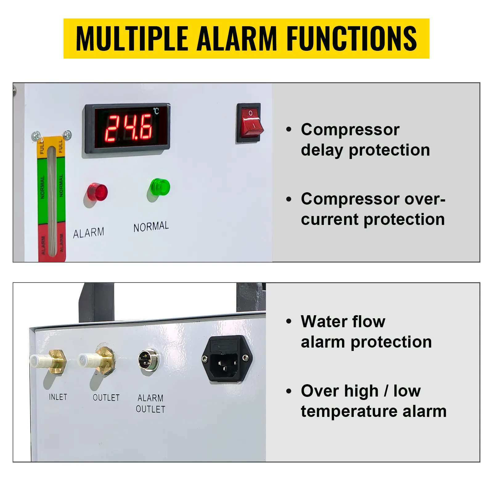 Panel de control del enfriador de agua VEVOR que muestra múltiples funciones de alarma y características de protección.