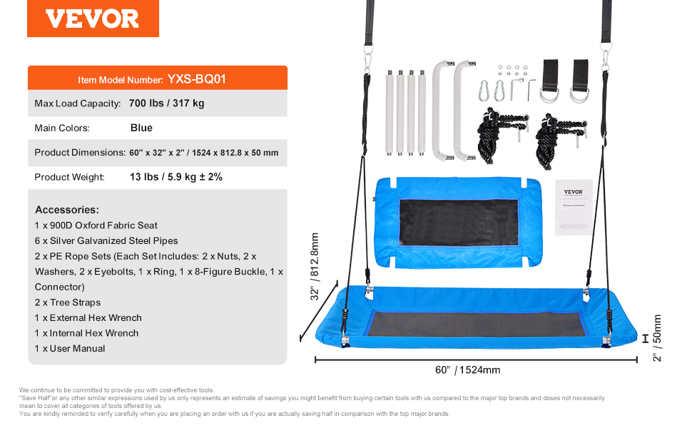 VEVOR Platform Swing 60 Inch Platform Tree Swing for Kids