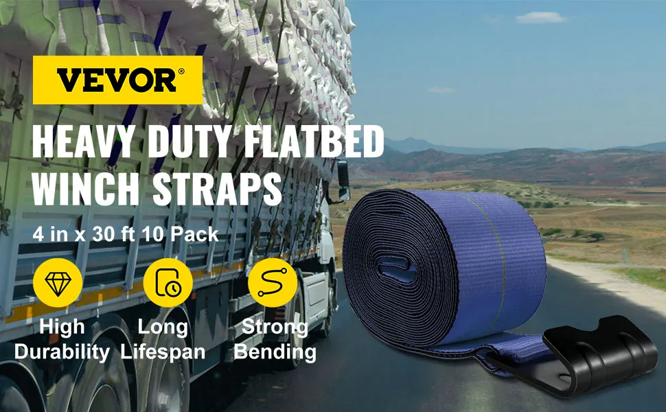 Correas para camiones VEVOR, correas resistentes para cabrestante de plataforma plana, 4 pulgadas x 30 pies, paquete de 10.