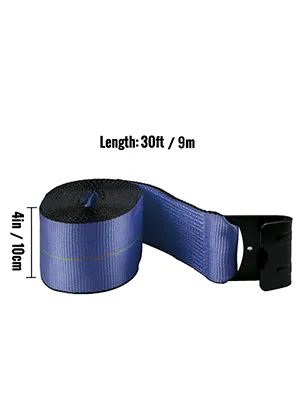 Correas de camión VEVOR azules, 30 pies de largo, 4 pulgadas de ancho, enrolladas con extremo de gancho negro.