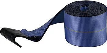 Correa de camión VEVOR azul enrollada con gancho negro en el extremo.