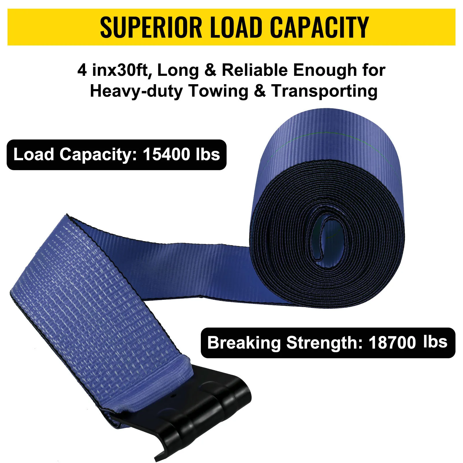 Correas para camión VEVOR, 4 pulgadas x 30 pies, capacidad de carga de 15 400 libras, azul y negro.