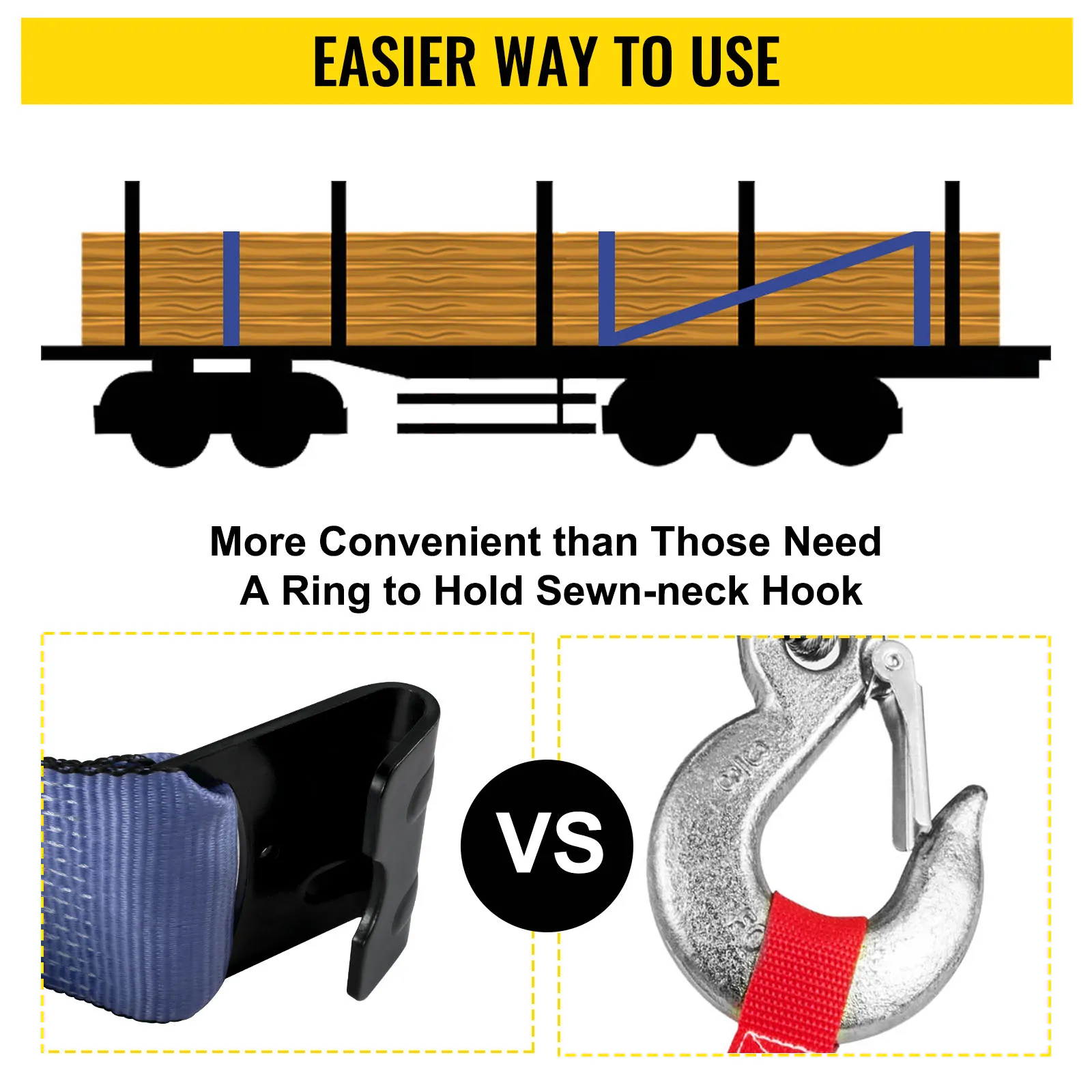 Ilustración de correas de camión VEVOR con carga de madera asegurada con correas y ganchos azules.