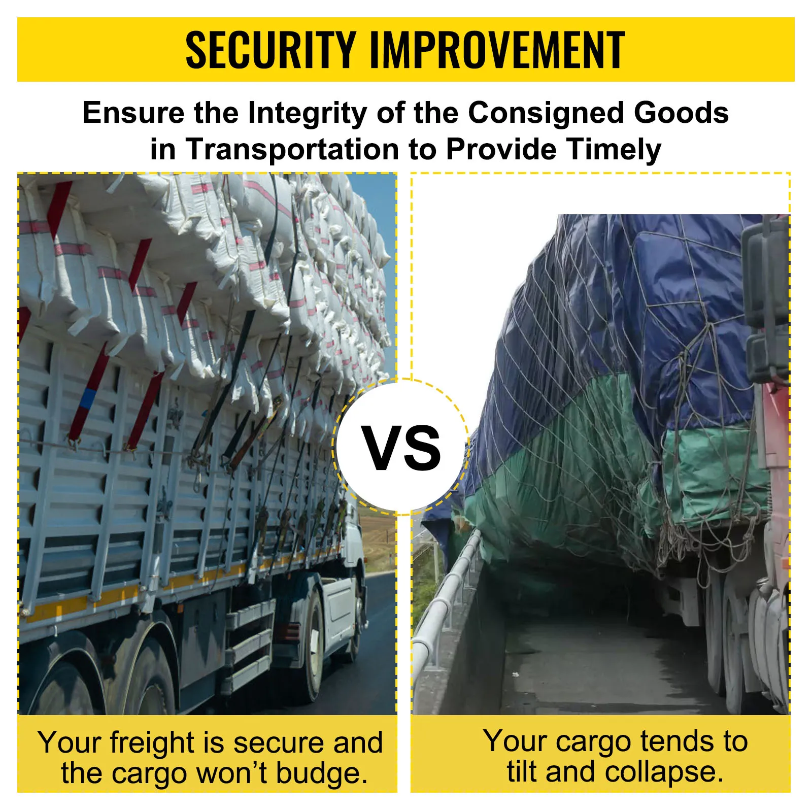 Las correas para camiones VEVOR aseguran la carga contra la inclinación y el colapso de la carga no asegurada.