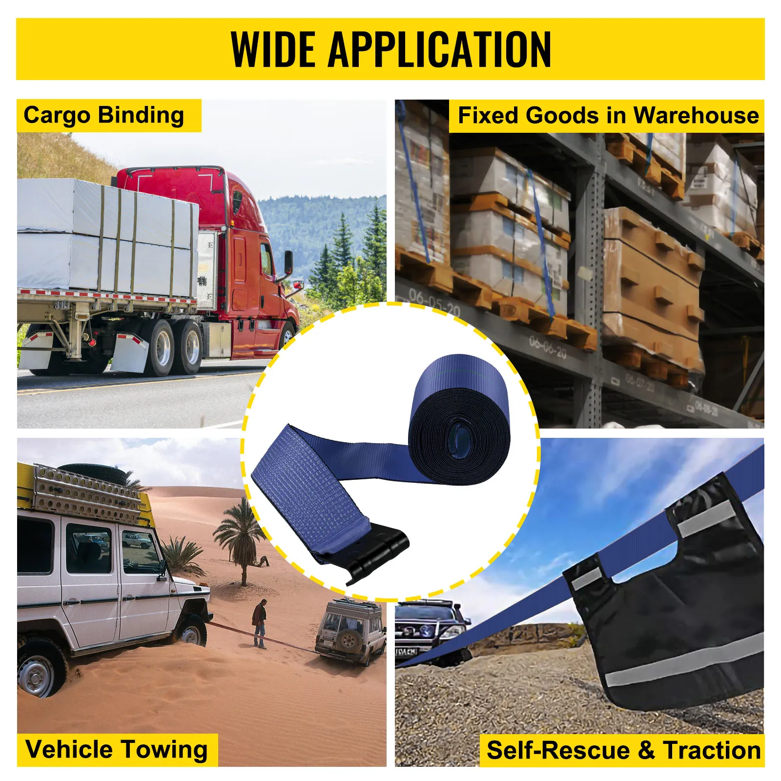 Correas de camión VEVOR para sujeción de carga, fijación de mercancías, remolque de vehículos y autorrescate.