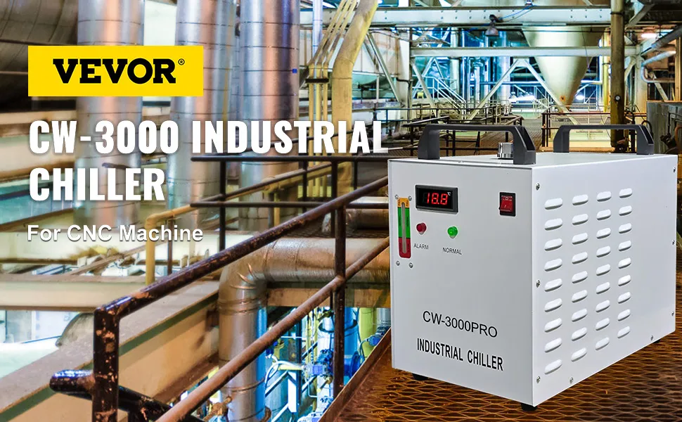 Enfriador de agua industrial VEVOR cw-3000 para máquinas cnc en un entorno industrial.