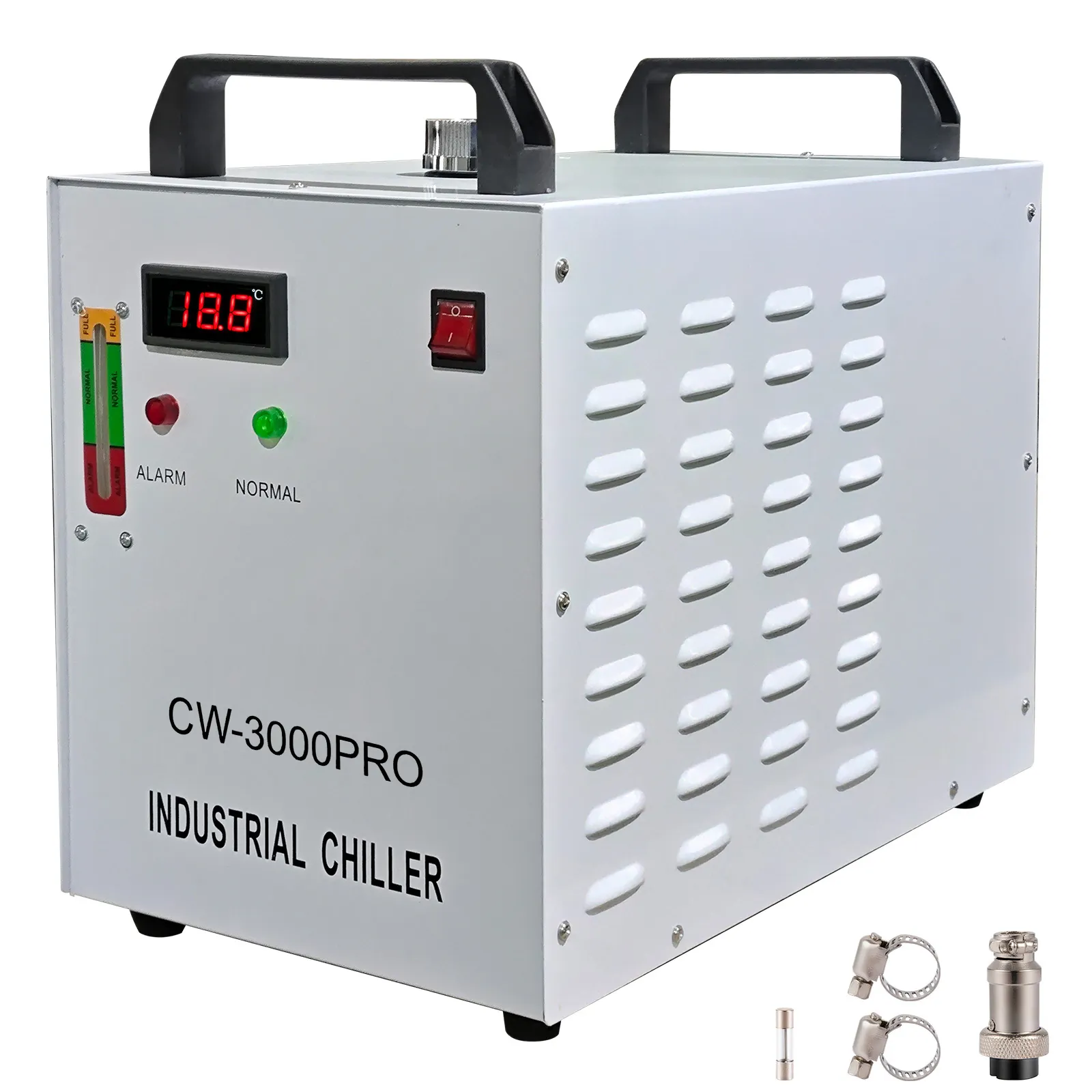 Enfriador de agua industrial VEVOR cw-3000pro con pantalla de temperatura y accesorios.