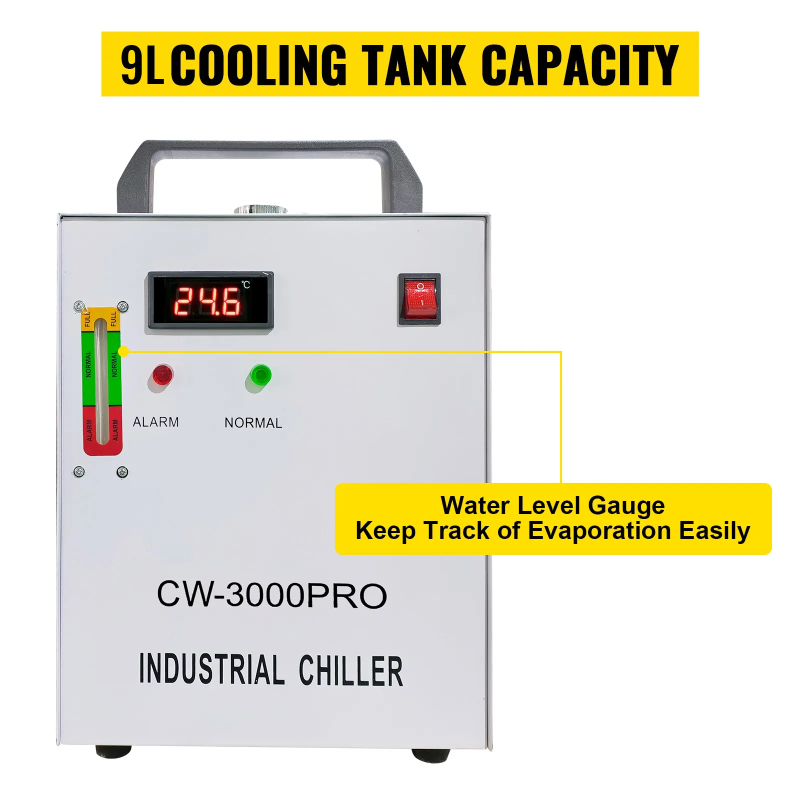 Enfriador de agua industrial VEVOR con capacidad de tanque de 9 l, indicador de nivel de agua y pantalla de temperatura.