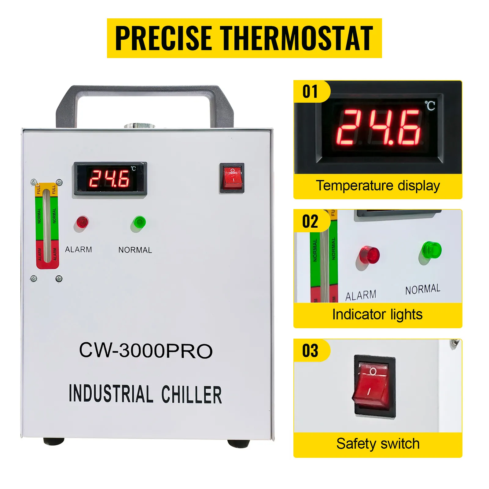 Enfriador de agua industrial VEVOR con termostato preciso, pantalla de temperatura e interruptor de seguridad.